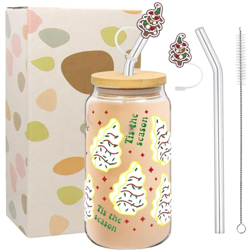 Weihnachtstasse, Glasbecher, Glasbecher mit Deckel und Strohhalm 500ml,Glas Trinkbecher,Glasbecher Teegläser mit Weihnachtsbaum, Weihnachten Kaffeetasse,Weihnachten Geschenke für Freunde,Frauen,Männer