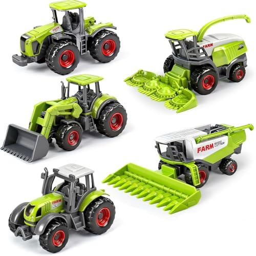 Farm Tractor Toys, Diecast with Plastic Parts Truck Car for Kids Boy Age 3+ | 5 Pack Mini Farm Vehicle Set with Combine Harvester, Forage Harvester & Trucks, Cake Topper Party Favor Birthday Gift