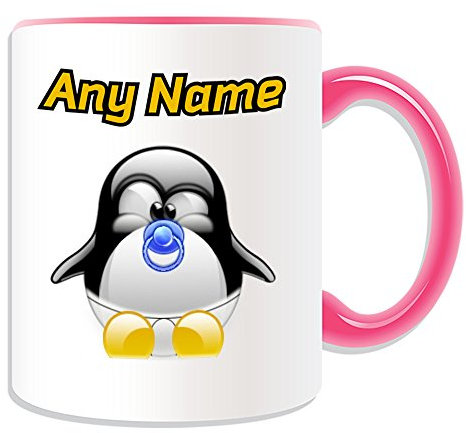 Unigift personalisierbares Geschenk – Baby-Tasse (Pinguin-Kostüm-Design), mit Namensnachricht, einzigartig, lustige Neugeborenen-Glückwunsch-Schnuller, Schnuller, Kleinkind, Kleinkind, keramik, rose