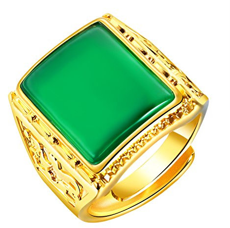 PAURO Herren 18K Gold Plattiert Vintage Grünen Smaragd Achat Edelstein Ring, Einstellbar