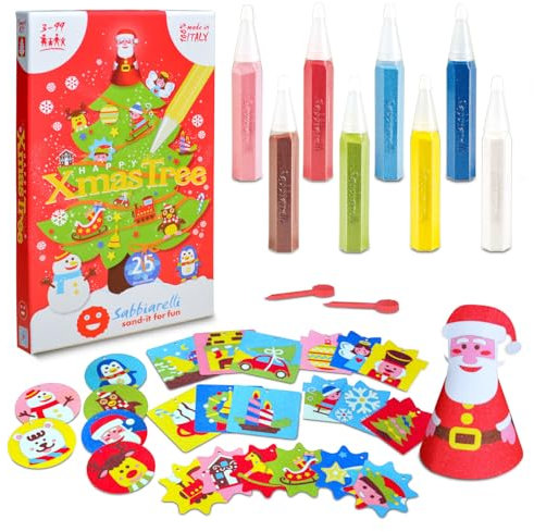 Sabbiarelli Sand-it For Fun Kit Happy Christmas Tree Weihnachtsdekorationen - Kreativ Set Weihnachten: bastle und bemale den Weihnachtsschmuck mit Sand, Sandbilder für Kinder ab 3+, Weihnachtshandwerk