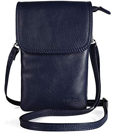befen Handytasche zum Unhängen Damen, Echtleder Kleine Umhängetasche Damen mit Langem Riemen und Schlüsselring Umhängetasche Handytasche Dunkelblau Leder für Phone unter 6,7 Zoll