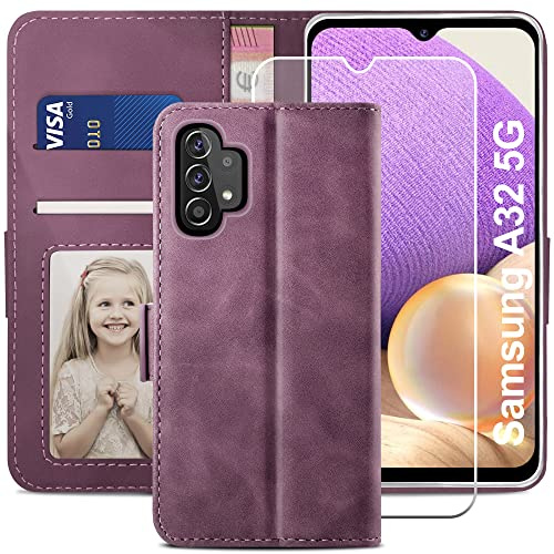 YATWIN Handyhülle Samsung Galaxy A32 5G Hülle +1 Stück Panzerglas Schutzfolie, Klapphülle Samsung A32 5G Premium Leder Brieftasche Schutzhülle [Kartenfach][Stand] Handytasche Case für A32 5G, Weinrot