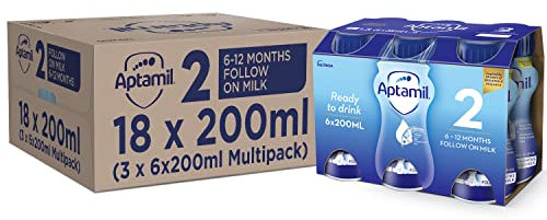 Aptamil 2 Follow On Baby Milk Ready to Use Liquid Formula, 6-12 Months, 200 ml, (Pack of 18)