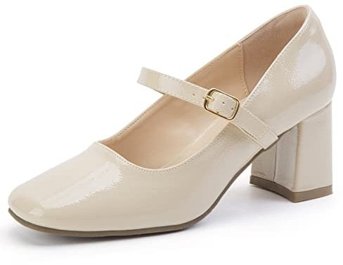 Greatonu Womens Chunky Low Block Heels Mary Jane Shoes Faux Patent Leather Ankle Strap Square Toe Retro Court Shoes Office Party Wedding Dress Shoes Beige Size 8