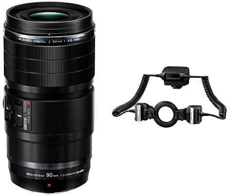 M.Zuiko Digital ED 90mm F3.5 Macro IS PRO tele-macro lens, Micro Four Thirds water-resistant lenss + Olympus STF-8 Macro Flash - Black