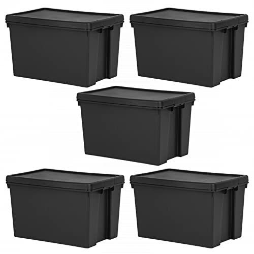 JMS we create smile [Pack of 5 62 Litre Heavy Duty Recycled Black BAM Containers with Airtight Snap Lid Stackable Strong Storage Box Organiser for Garage Home Office