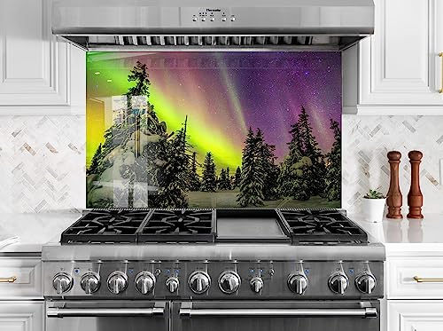 Myphotostation.com 23.5Wx12H''Tempered Glass Backsplash Tile Kitchen Backsplash Tiles Cooker Panel Waterproof Aurora Borealis Kitchen Wall Decor Northern Lights Splashback