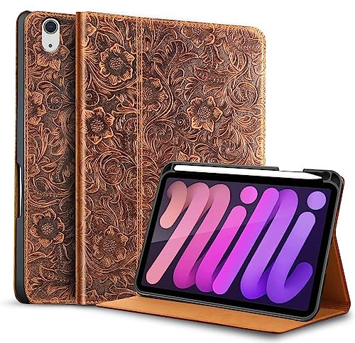 Gexmil Leder Hülle für iPad Mini 7 A17 Pro 2024,iPad Mini 6. Generation 2021 8,3 Zoll Echt Leder Smart Cover mit Stylus Halter Stoßfest,Automatischer Schlaf/Aufwachen,Einstellbarer Ständer,Blume Braun