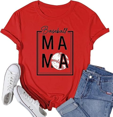 Caiyao Frauen Baseball Mom T-Shirts Sport Mama Leben Shirts Brief Druck Grafik T-Shirts, Rot/Ausflug, einfarbig (Getaway Solids), XX-Large