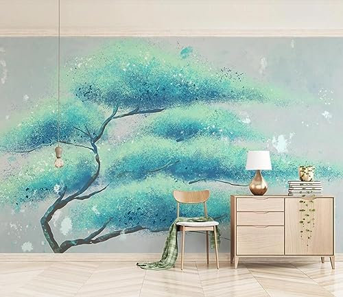 Fototapete 3D Effekt Mintgrüner Handgemalter Baum Tapeten 3D Effekt Vliestapete Wohnzimmer Schlafzimmer Wandbilder Wanddeko