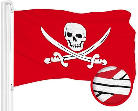 G128 Piraten-Flagge Jolly Roger Schwerter, rote Flagge, 40,6 x 61 cm, ToughWeave-Serie, besticktes 300D-Polyester, besticktes Design, für drinnen und draußen, Messingösen
