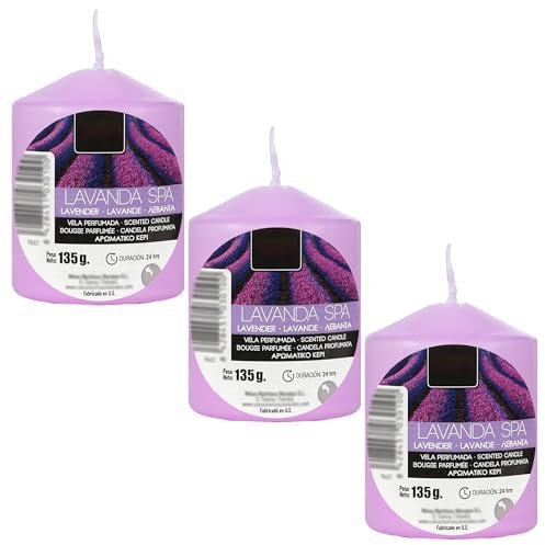 Pack de 3 Velas Aromáticas Cilíndricas Elegantes 135g, 24h Duración - Velón Taco de Cera, Decorativas y Relajantes 70x57 mm (Lavanda Spa)