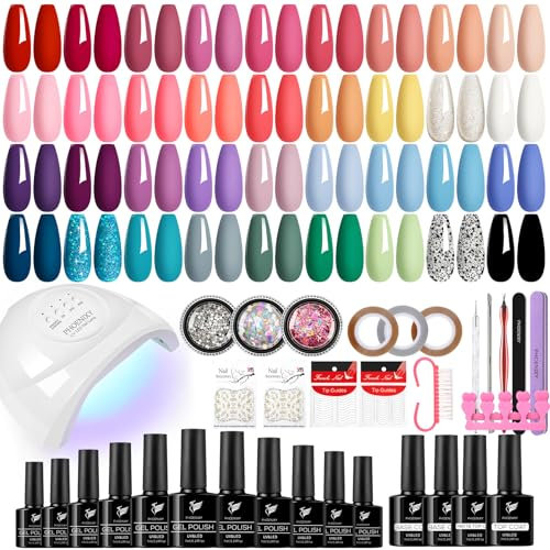 PHOENIXY Gel Nail Polish Set with Nail Lamp Starter Kit, 36Pcs 72 Effects U V Gel Nail Polish with Glossy Matte Top Coat, Pink Blue Red Gel Nail Kit Gift for Women
