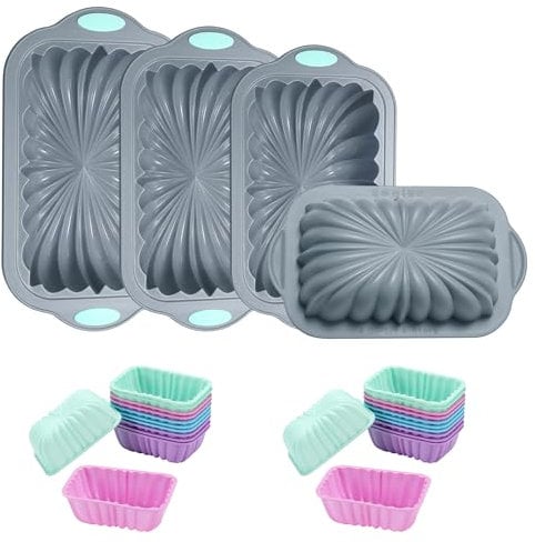 To encounter Lot de 28 moules à pain cannelés en silicone anti-adhésif pour pain, pain de viande, gâteau, avec 24 moules en silicone, gris clair