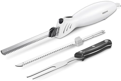 Reemix Elektromesser Küche Elektrisches Messer für Fleisch Küchenmesser Elektrisch für Brot, nutzbare Klingenlänge 15 cm, Edelstahl-Messerklingenpaare mit feiner und grober Zahnung (milchig weiß)