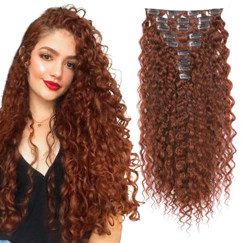 FLUFYMOOZ 9PCS Clip in Hair Extensions, 22 Inch Clip in Haarverlängerungen lockige Haarverlängerung, lange, weiche synthetische Haarteile für Frauen Kupferrot
