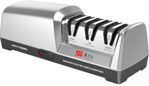 TIMERIAL Afilador de Cuchillos Eléctrico 3 Etapas Disco Abrasivo de Diamante 15° Guía de Ángulo de Precisión, para Afilar y Pulir Cuchillos de Cocina de Acero,120 Grit y 600 Grit y 1000 Grit