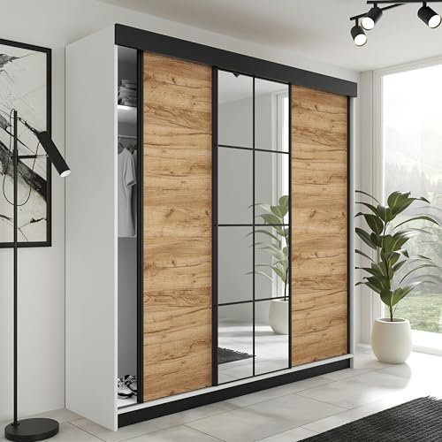 KIER FURNITURE Schiebegarderobe LAMARO mit Spiegel - Schrank Schlafzimmer – Schlafzimmerschrank – Wardrobe Bedroom – Kleiderschränke – Kleiderschrank - 250x205x59cm - Weiß & Eiche Handwerk Gold