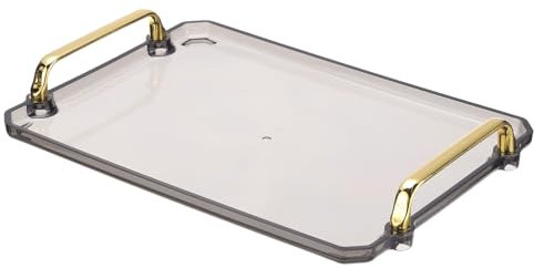 PATIKIL 12 x 8,6 Vassoio di Servizio in Plastica con Manici Dorati, Vassoio Riutilizzabile Rettangolare per Piatto Dessert Caffè Tè Tavolo Soggiorno Cucina, Grigio