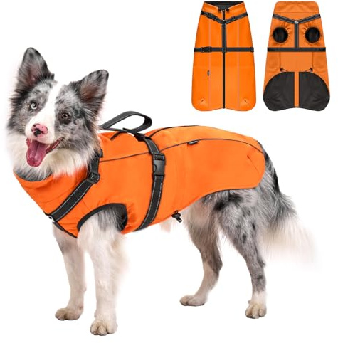 OneTigris Hundejacke, Wasserdichter Winterweste Jacken Hundemantel Mit Bediengriff, Bequeme Ausscheidung, Reißverschluss und Elastisches Design, Einfaches An-und Ausziehen, Reflektierend,XL,Orange