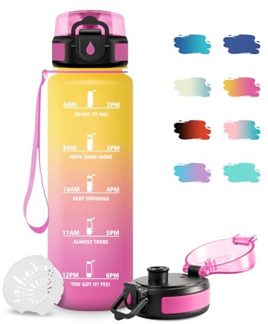 JAPORIA Sportflasche 1L, Kohlensäure Geeignet, Motivierende Trinkflasche mit Zeitmarkierung, Wasserflasche mit Filter, Auslaufsicher Trinkflasche für Klettern, Reisen, Fitnessstudio, Wandern