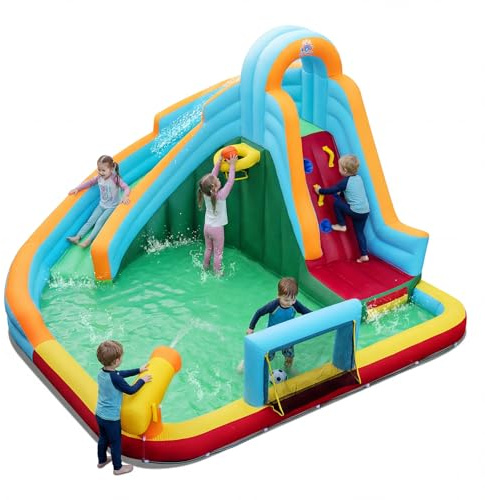 COSTWAY Castillo Hinchable Niños con Tobogán AcuáTico, Parque Infantil Inflable con Bolas Oceánicas, Fútbol, Baloncesto, Muro de Escalada, Aro, Portería y Cañón de Agua para 3 a 12 Años (Sin Soplador)