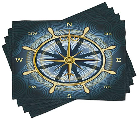 ABAKUHAUS Kompass Platzmatten, Navigation Themenkompass mit Windrose und Helm auf einem wellenförmigen Hintergrund Maritime, Waschbare Stoff Esszimmer Küche Tischdekorations Digitaldruck, Blau Gelb