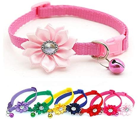 Doggie Style Store Small Dog Puppy Pet Collar Flower Floral Decoration with Bell Nylon Adjustable Size 19-32cm Light Pink