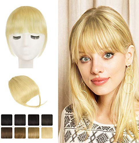 BARSDAR Echtes Menschliches Haar Clip in Pony, Menschliches Haar Clip in Bangs für Frauen - Hellblond Dick Pony Extensions Fringe mit Bügeln färbbar Echtes Haar Bangs Haarteile - Bleichblond