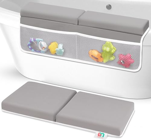 Bath Kneeler and Elbow Rest Pad Set - Thick Kneeling Mat for Baby and Toddler Bathing Tub Time - Nonslip Bathtub Pads to Cushion Knees - Waterproof Mats with Bathroom Toy Organizer for Accessories