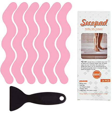 Secopad Anti-Rutsch Aufkleber 24 Stk Sicherheitsstreifen für Badewanne, Klebende Sticker mit Premium Schaber für Badewanne, Dusche, Treppe (Rose)