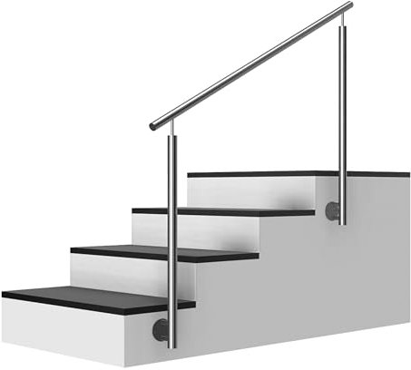 Edelstahl Treppengeländer Seitenmontage, 1,6m lang, 0,9m hoch, Außengeländer, je 2 Pfosten ohne Querstreben + Handlauf mit Trägerplatten + Zubehör, Winkelverstellbar (L:1600mm H:900mm)