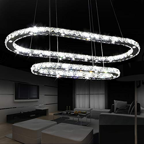 Rund Minimalistisch Pendelleuchte LED Kristall Esszimmer Wohnzimmer Kristallleuchter Dimmbar Modern Kronleuchter Elegante Höhenverstellbar Ring Design, Hängelampe Antik Deckenbeleuchtung, D86+55cm