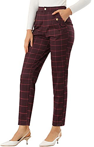 Allegra K Damen Tartan Plaid Hose Vintage Elastische Taille Gerade Arbeitshose, burgunderfarben, 42
