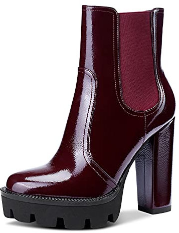 NobleOnly Donna Plateau Chelsea Stivali Cerniera Polacchine Tacco a Blocco 12CM High Heels Boots Rosso Borgogna Scarpe EU45