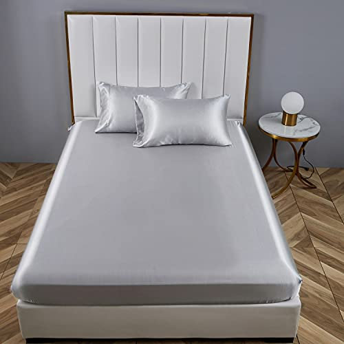 Boqingzhu Satin Spannbettlaken 140x200cm Grau Hellgrau Uni Seide Spannbetttuch Microfaser Bettlaken für bis 25cm Matraze