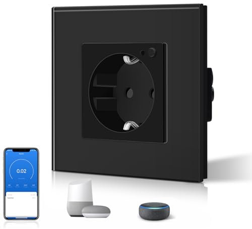 BSEED Enchufe Inteligente Con Cristal,WIFI Enchufes de pared Con Medidor de Energía,Control Remoto y Temporizador,Requiere Cable Neutro,1 Enchufe WiFi con Medición,86mm Negro