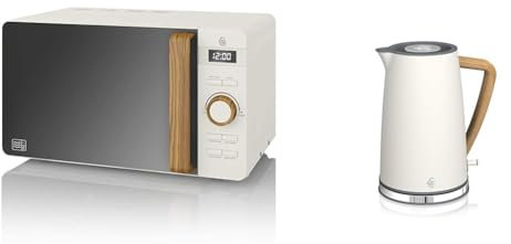 Swan Horno microondas digital nórdico de 20 L, 6 niveles de potencia & Nordic Hervidor de agua eléctrico ultra rápido, 2200 W, asa efecto madera, apagado automático, blanco