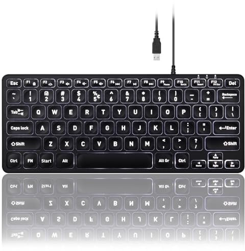 Perixx PERIBOARD-332 Wired Backlit USB Keyboard - Mini 11.22x4.57x0.83 Inches - Slim Scissor Keys with Big Font - White Illuminated LED - US English