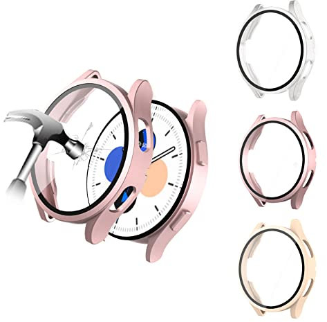 JZK Schutzhülle für Galaxy Watch 4 44mm,3 Stück Allround PC Gehäuse mit gehärtetem Glas Kratzfest Gehäuse,Smartwatch Zubehör für Samsung Galaxy Watch 4 Herren und Damen(Klar/Roségold/Rosa pink)