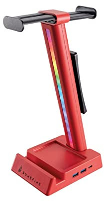 SureFire Vinson N2 Multifunktions-Headset-Ständer Rot, Halter für 2 Gaming Kopfhörer, Headset Stand mit RGB Beleuchtung & USB-Hub (USB-A + USB-C + 3,5mm Audio), 28cm Halterung