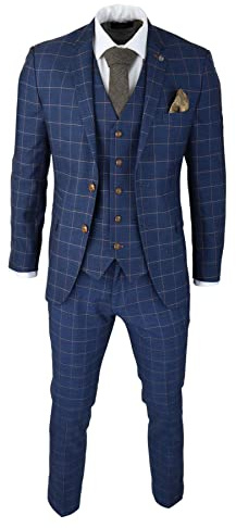 Mens 3 Piece Blue Orange Check Suit Retro Smart Tailored Fit Vintage