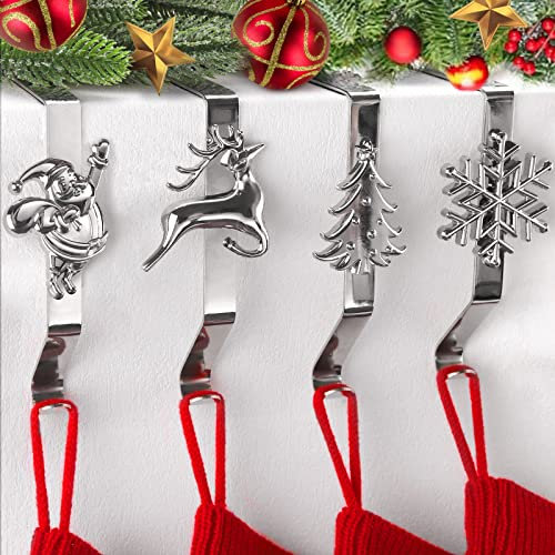 Kalolary 4 Stück Weihnachtsstrumpf Halter für Kamin, 4 Stile Weihnachtsstrumpfhalter für Kaminsims Rutschfest Robust Kaminsims Haken Mantel Strumpfhaken für Weihnachten Ferienhaus Dekoration (Silber)