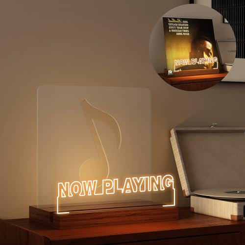 Beleuchteter Vinyl-Schallplattenständer Jetzt drehender Plattenspieler Ständer Holz-Acryl-Halter für Vinyl-Album-Display und Lagerung mit warmen weißen Farbe Lichter, Vinyl beleuchtet LED-Display