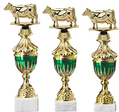 eberin · Kuh Pokal · Tier Pokale · Bauernhof Trophäe · Goldene Kuh · großer Kuhstall Award Gold/grün auf Marmorsockel, personalisierbar mit Wunschgravur in 3 Größen oder als 3-er Set