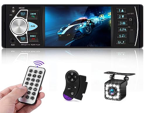 Hikity Autoradio Bluetooth 1 Din con Schermo Digitale TFT da 4.1 Pollici Radio Stereo Auto 1 Din con Vivavoce Bluetooth FM USB AUX TF Comandi al Volante Telecamera Posteriore
