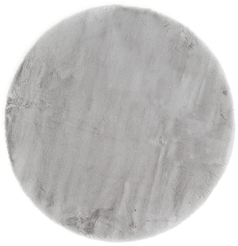 -LUXOR- living Teppich Coste gemütlicher Hochflor Kunstfell Teppich Fellimitat in Schaffelloptik 120 cm rund grau