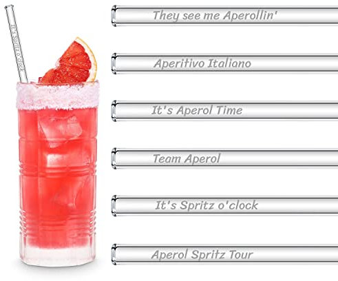HALM Glasstrohhalme Aperol Spritz Geschenkset | 6 Stück gerade 23 cm lang für Aperol spritz Gläser | 6 Lustige Sprüche Cocktail Zubehör | Wiederverwendbare Glas-Trinkhalme graviert - Glasstrohalme