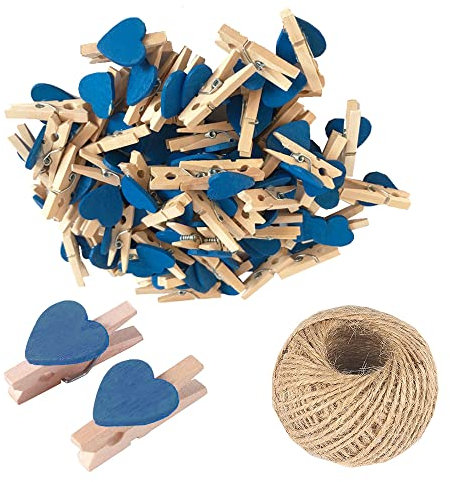 Lot de 25 mini pinces à linge en bois en forme de cœur - Multicolore - 3 cm - Avec ficelle - Pour affichage de photos, bricolage, décoration de mariage et de fête prénatale
